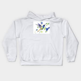 Flying Hummingbird and Blue Flowers Kids Hoodie